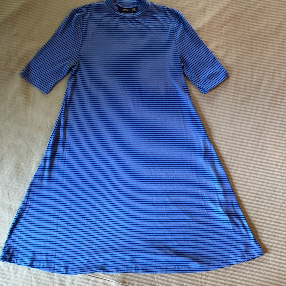 Mock Neck, Short Sleeve , Royal Blue WITH Small Black Stripes swing dress